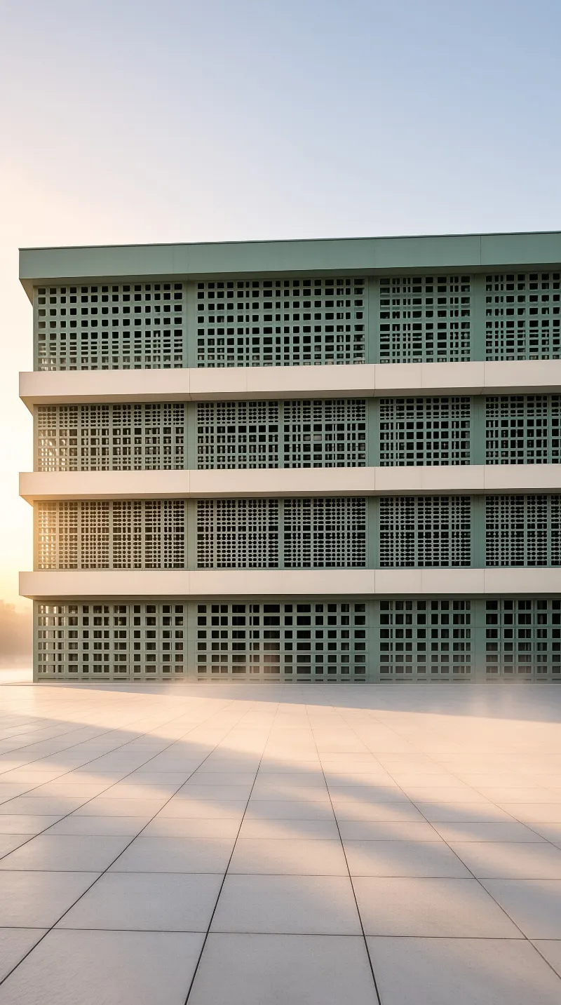 A modern structure with a green grid facade overlooks a tiled plaza while warm sunlight casts long shadows.