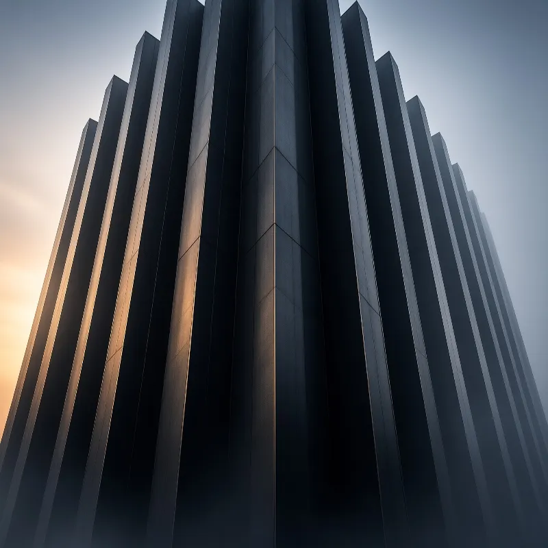 A ribbed skyscraper rises vertically with dark panels catching warm light against a gradient sky.
