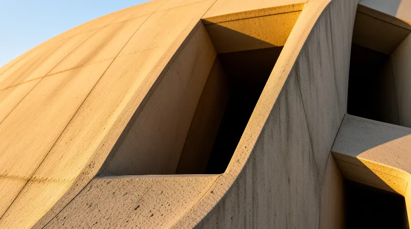 Raw concrete architectural elements featuring curved surfaces and sharp geometric shadows under warm golden sunlight.