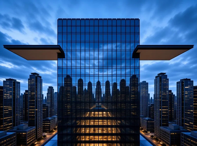 A tall blue glass building stands among city skyscrapers at dusk with warm interior lights glowing through the facade.