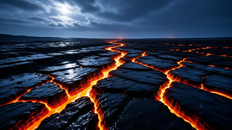 Glowing orange magma streams fill deep fissures in black stone beneath a cloudy night sky.