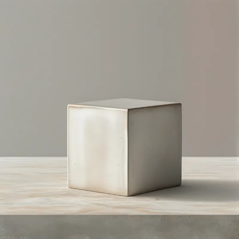 A smooth speckled cream cube rests centered on a light wood surface with a muted gray wall behind it, gentle warm light creates a soft shadow on its right side.