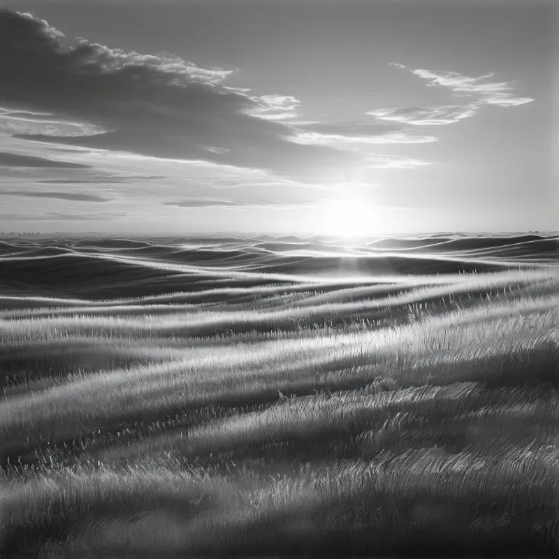 Monochromatic view of rolling grassy hills illuminated by a low sun casting long shadows across the terrain.