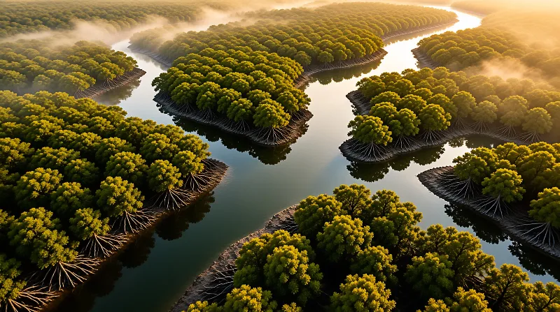 Aerial view of lush mangrove islands with exposed roots winding through a river bathed in golden misty light.