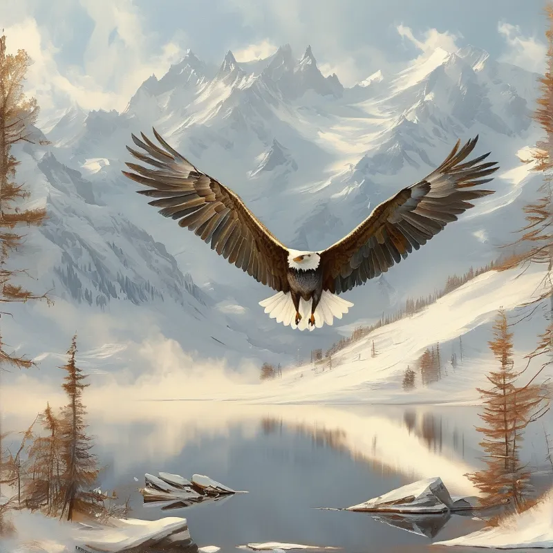 A white-headed eagle spreads brown wings flying low over a calm winter lake amid snowy peaks and evergreen trees.