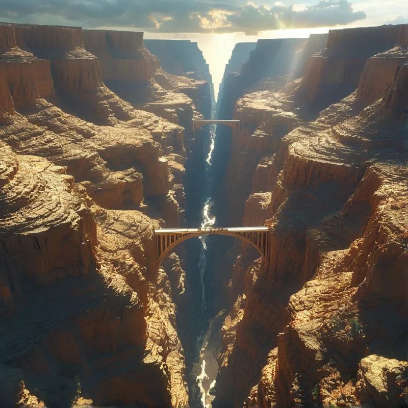 Massive arch bridges cross a deep red rock canyon while bright sunlight beams down the center from the sky above.