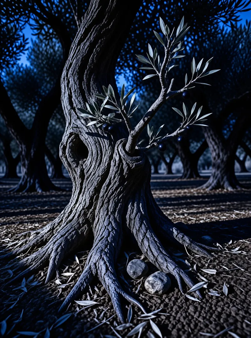 Gnarled olive tree in dark grove with twisted roots and silver leaves under blue twilight.