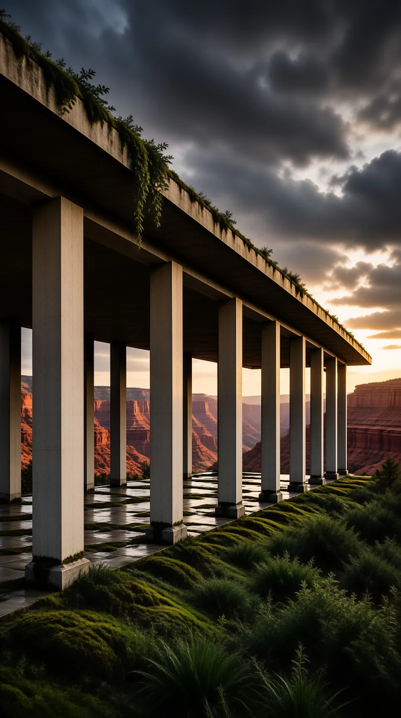 Rows of pale square columns support a vine-draped roof deck overlooking layered canyon walls under a brooding stormy sunset