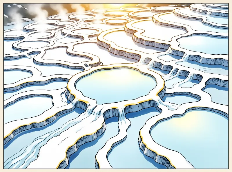 Illustrated salt terraces filled with shallow blue water and bathed in warm sunlight, showing layered natural formations.