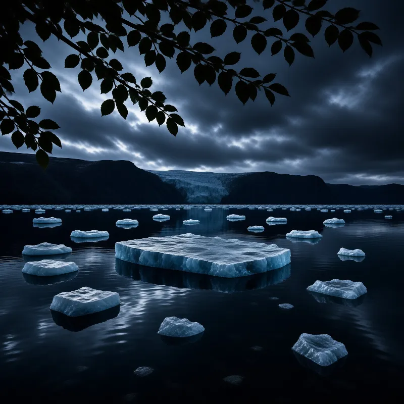 A large flat slab of ice floats among smaller chunks in a dark lake under a cloudy sky framed by overhanging leaves.