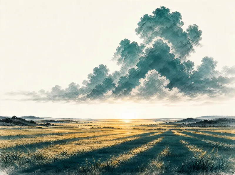 A large cluster of teal clouds looms over a vast golden field as the sun sets on the horizon, casting long shadows across the landscape.