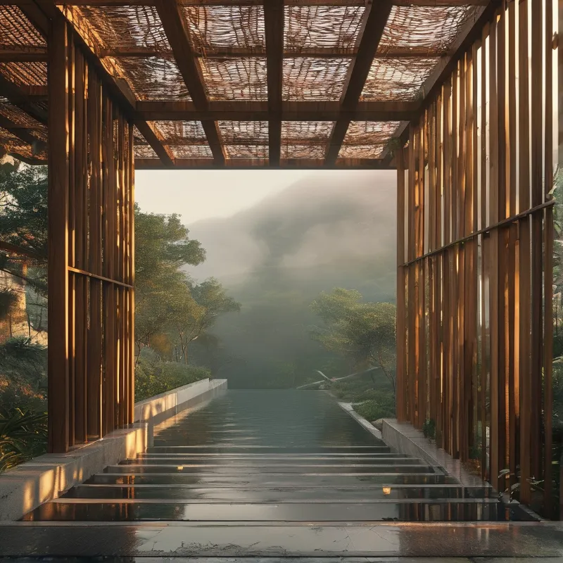 A wooden colonnade frames a foggy lake and mountains, with sunlight casting long shadows across wet stone steps.