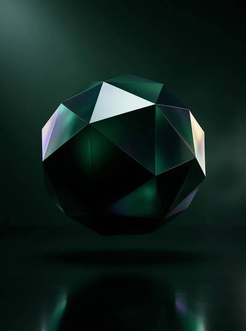 A multi-faceted dark sphere floats in a dim environment showing bright white and teal reflections.