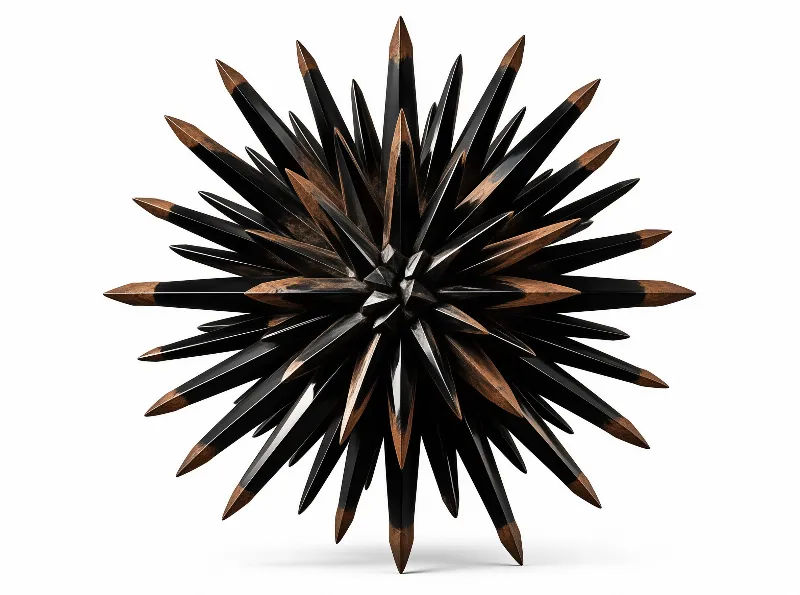 A spiky radial sculpture made of dark and copper-toned blades arranged like a sea urchin against a clean white backdrop.