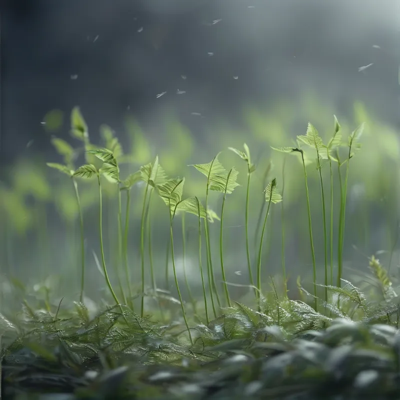 Thin green plant stems rise vertically from a dark ground covered in soft fog with floating particles suspended in air.
