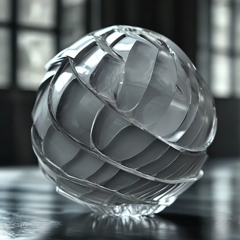 A translucent twisted glass sphere ornament rests on a dark reflective tabletop with soft blurred window light behind it