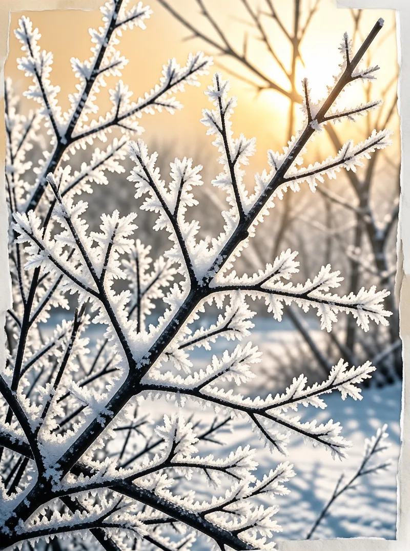Dense white frost coats dark tree branches while warm sunlight glows softly behind the winter scene.