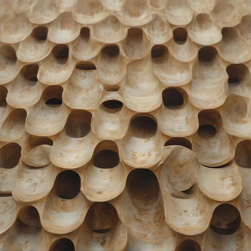Beige wax cells form a repeating hexagonal pattern with dark shadows visible inside each empty opening.