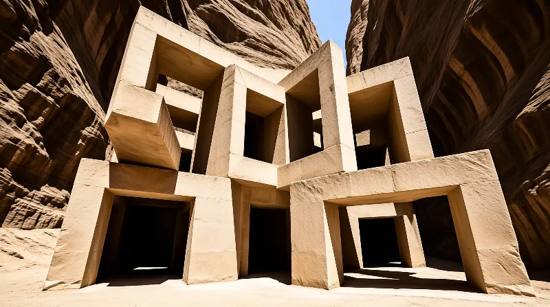 Beige masonry blocks form abstract geometric openings against steep canyon walls under harsh sunlight