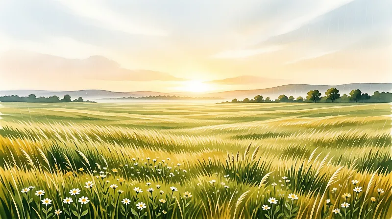 A wide digital painting shows a lush green and yellow field stretching towards a horizon where the sun is setting behind low hills, with small white daisies blooming in the foreground grass and faint rain lines falling across the landscape.
