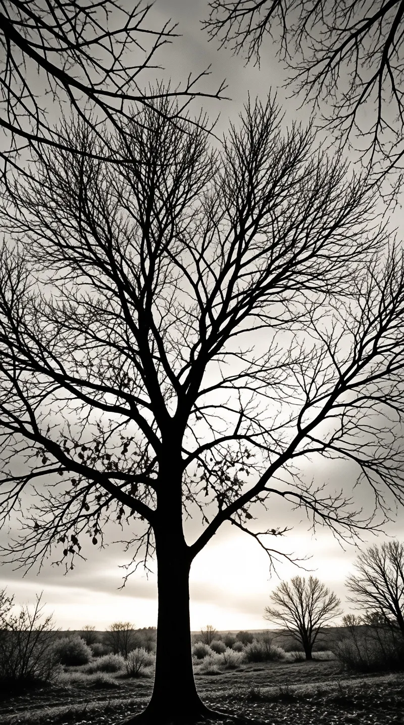 A single dormant tree spreads intricate bare limbs across an overcast field, its dark trunk rising from frosty grass