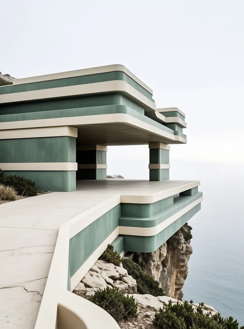 A layered green and cream cantilevered villa perches on a rocky coastal cliff in soft overcast light, ringed by low scrub.