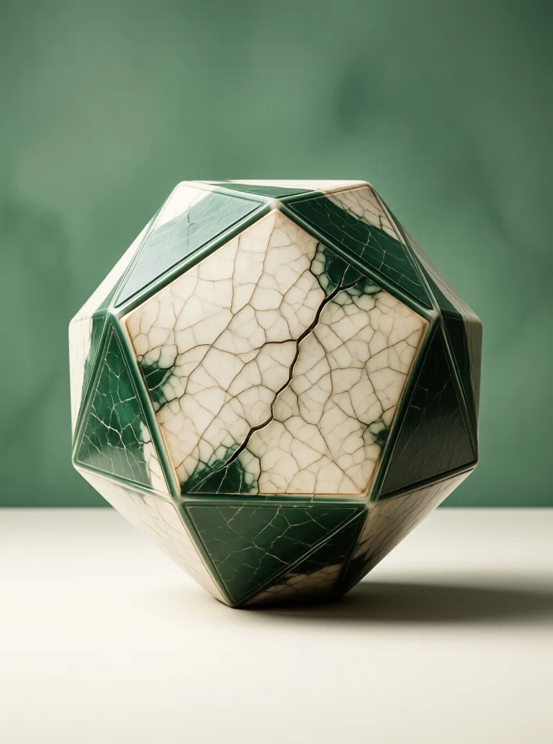 A faceted ceramic object displays a crackle glaze pattern in teal and white hues on a neutral surface.