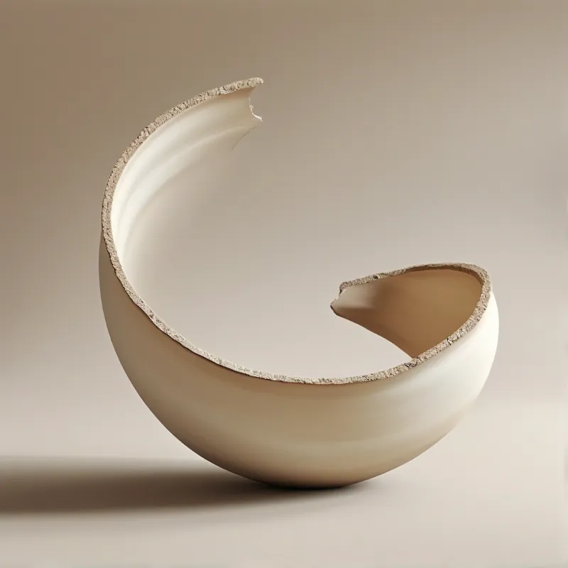 A fractured cream-colored ceramic vessel with a jagged edge rests on a smooth beige surface under even light