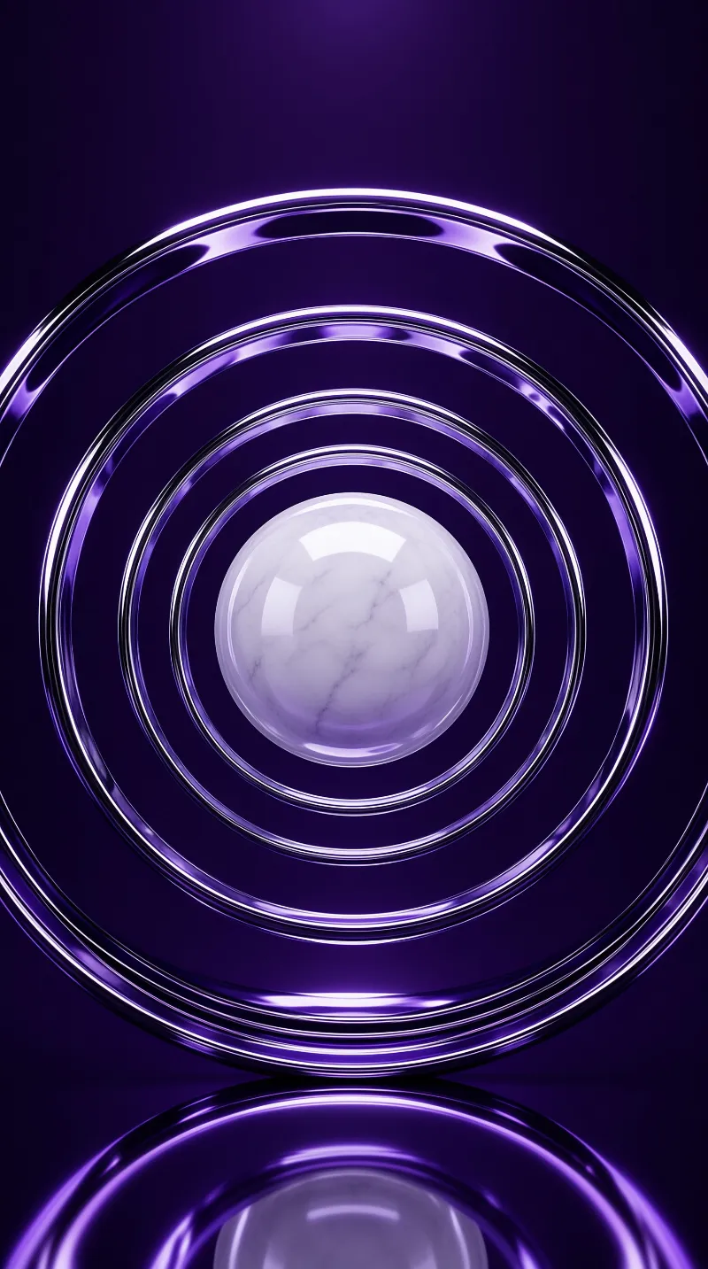 A polished white marble orb is centered within luminous purple metallic rings that float in a dark violet space.