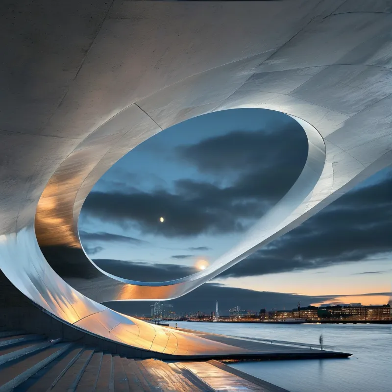 Sculptural curved concrete arch forms an oval frame, revealing a moonlit dusky sky, calm water and lit distant city waterfront.