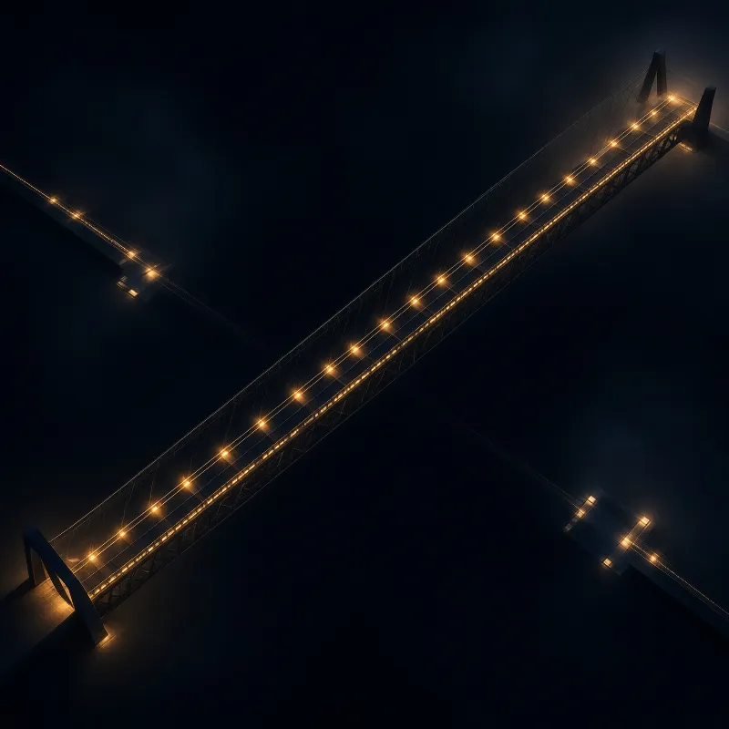 An illuminated suspension bridge spans diagonally across dark mist, its repeating amber lights glowing against hazy dim light.