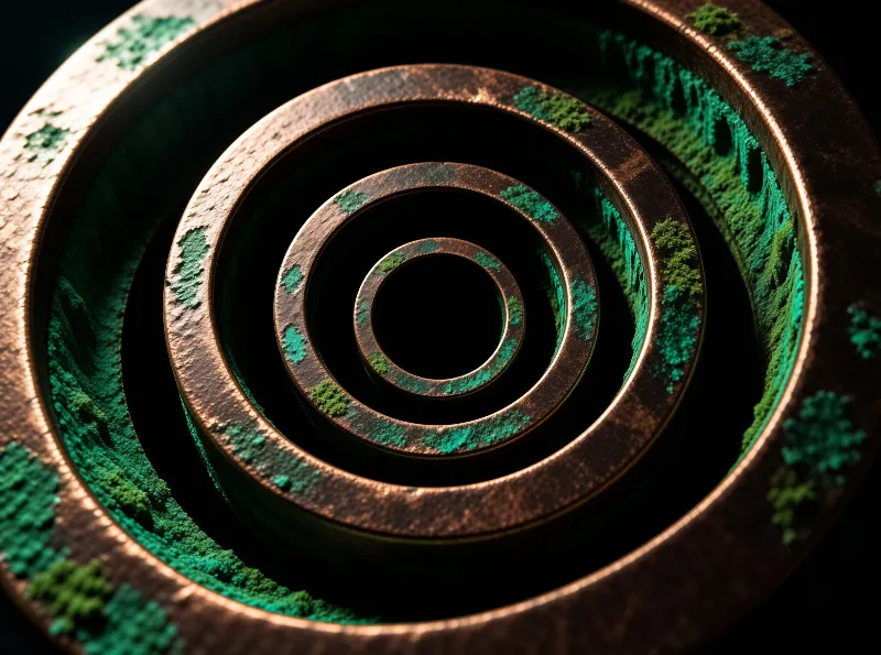 Concentric bronze rings show metallic highlights contrasted by patches of green oxidation fading into deep shadows.