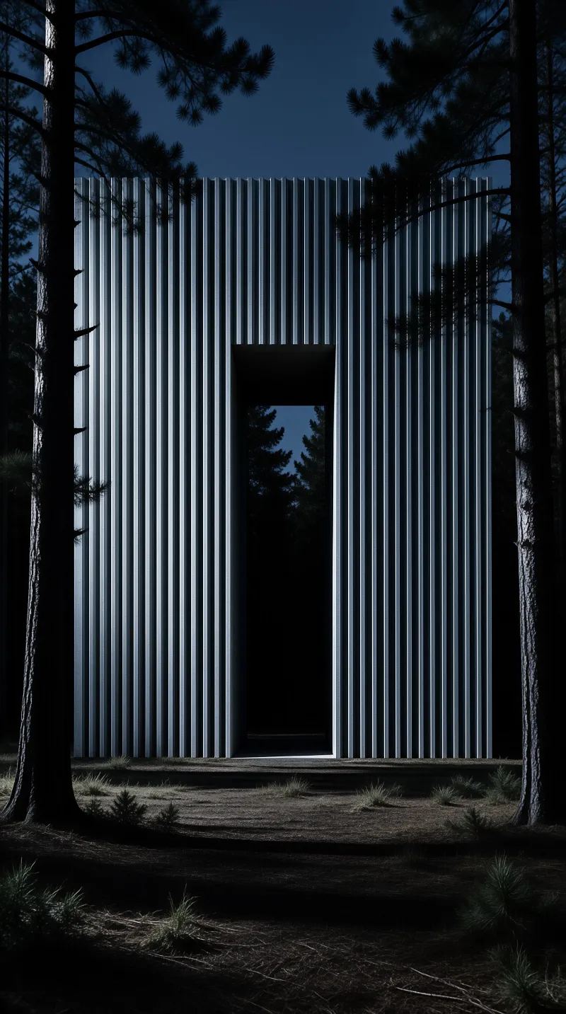 A ribbed metallic structure stands illuminated amidst dark pine trees under deep blue night sky with a central black void.