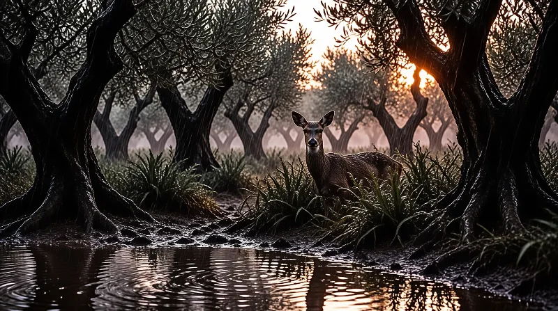 A spotted deer stands at the edge of a rain wetted forest pond, warm dusk light shines through dark gnarled trees behind it.
