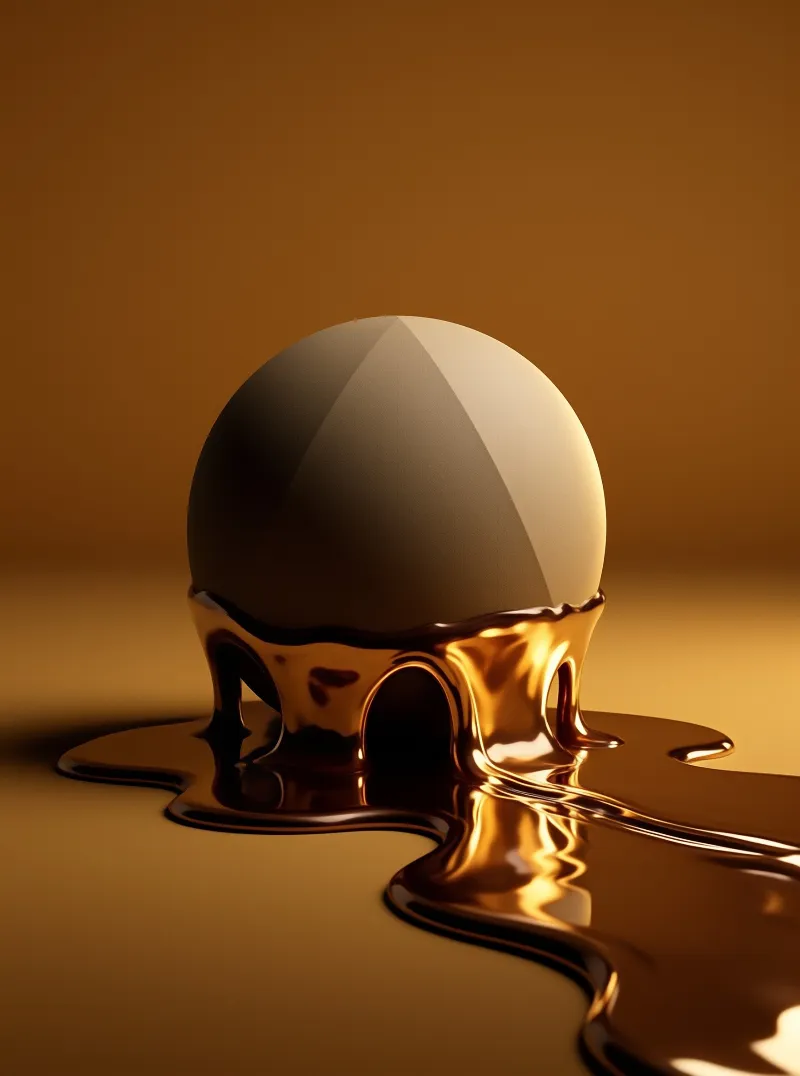 A smooth dark object sits partially submerged in a pool of reflective golden liquid flowing across a warm brown surface.