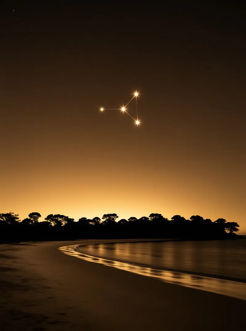 A group of bright stars forms a cross shape in a dark brown sky above a silhouetted treeline and reflective water.