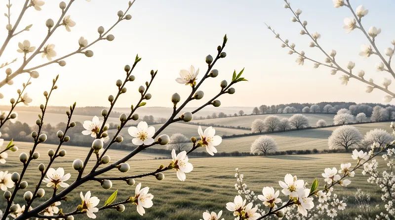 White flowers bloom on dark branches in the foreground while a hazy sun illuminates distant green fields and trees.