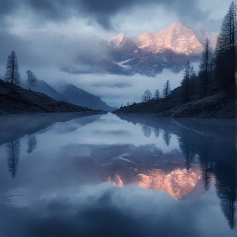 Tall evergreen trees flank a still lake where pink mountain peaks are mirrored amidst low hanging blue mist clouds