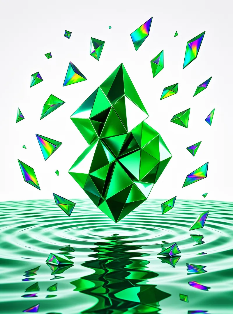 A large faceted green crystal with iridescent shards hovers above rippling green water, reflecting the scene below
