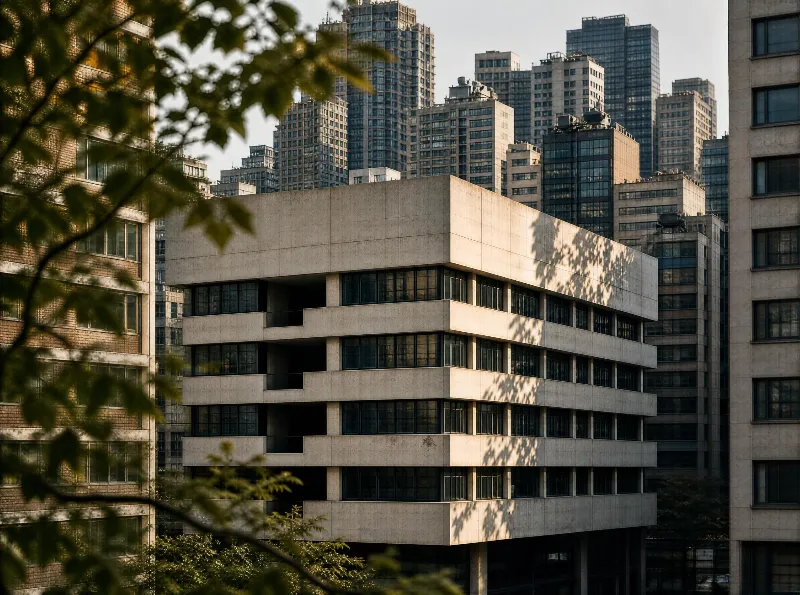 A concrete apartment building surrounded by city skyscrapers, with tree branches in the foreground and golden sunlight illuminating its facade.