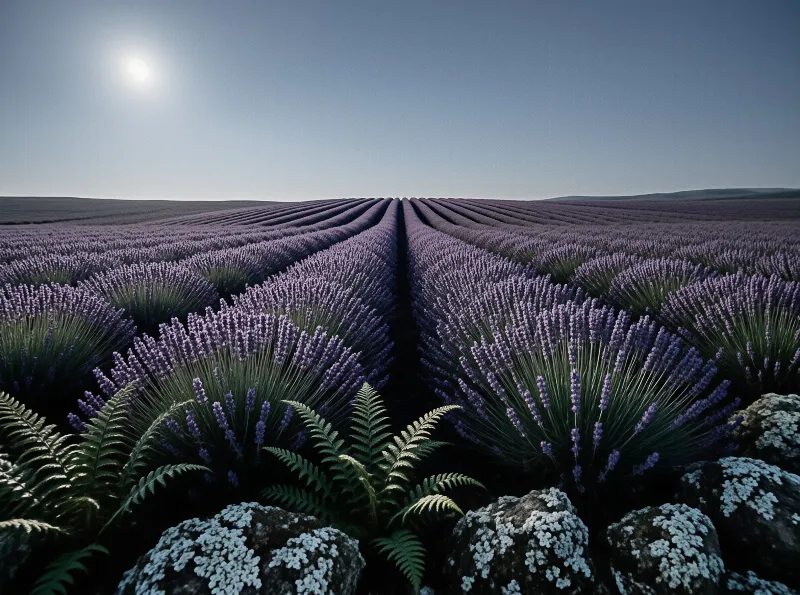 Rows of purple lavender stretch toward the horizon while green ferns and lichen-covered stones sit in the foreground.