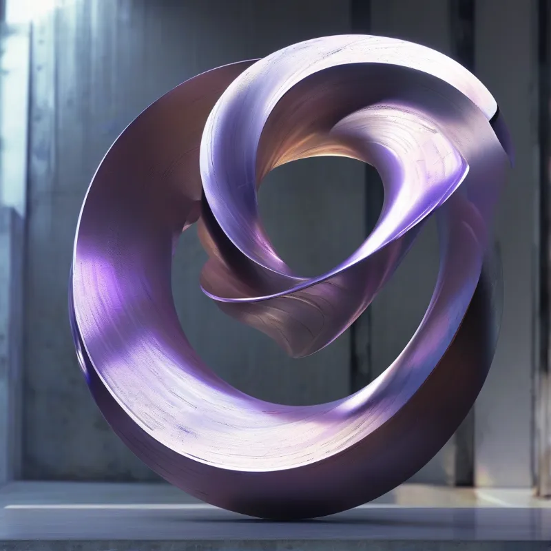 A brushed violet steel band curls through itself on a concrete sill, lit softly against a blurred industrial wall.