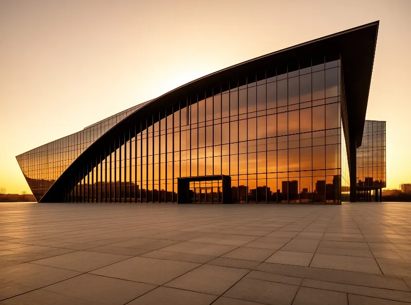 A sweeping angular glass building mirrors a warm sunset sky above an empty stone paved plaza.