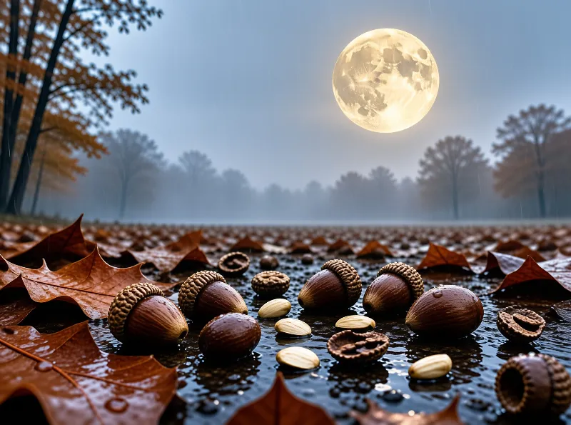 Glossy brown acorns and wet autumn oak leaves rest on dark ground beneath a luminous full moon in mist.