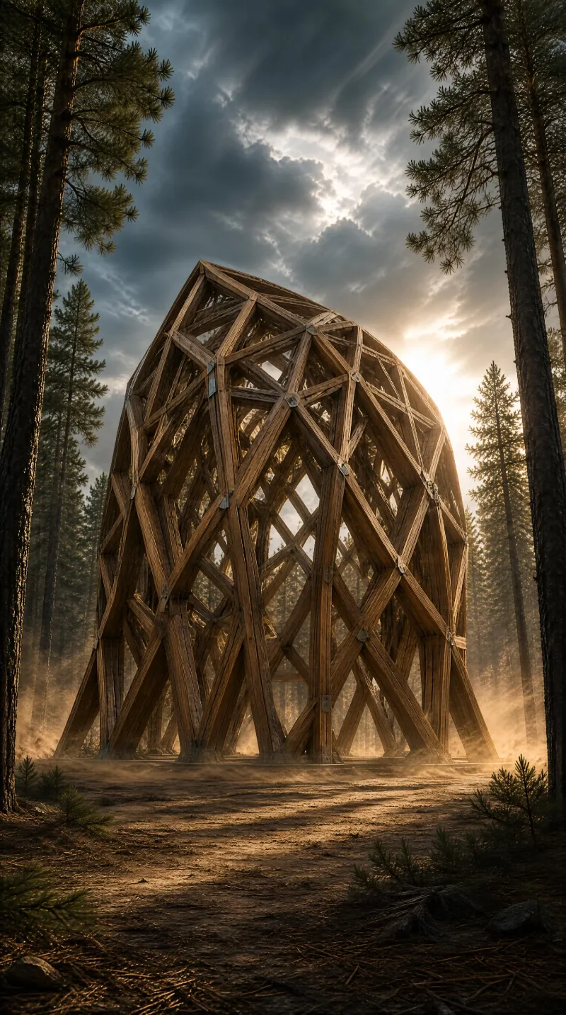A large wooden geodesic dome structure stands in a sunlit forest, surrounded by tall pine trees with sunlight filtering through the clouds.