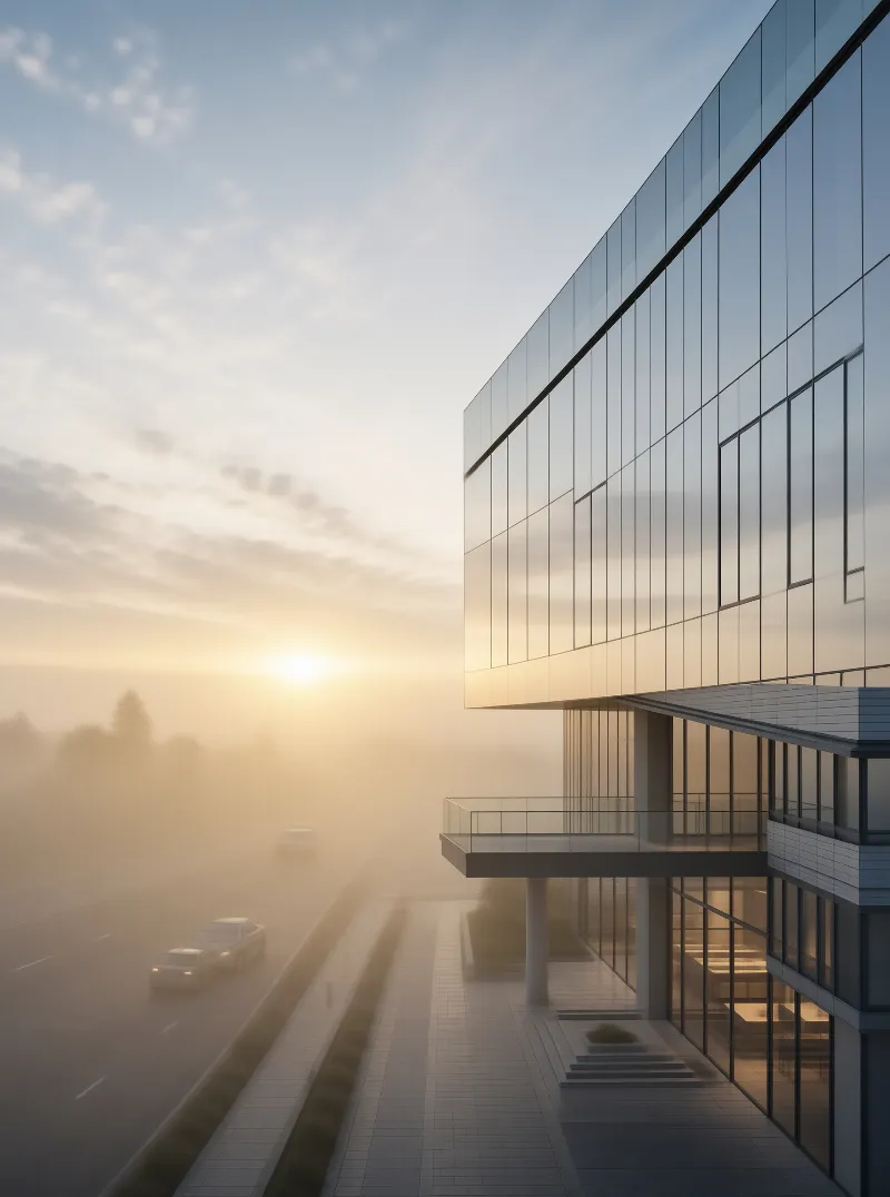 Modern Glass Building at Sunrise