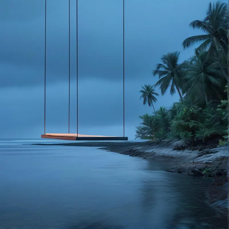 A minimalist swing hangs above a tranquil beach lined with palm trees under a soft blue twilight sky