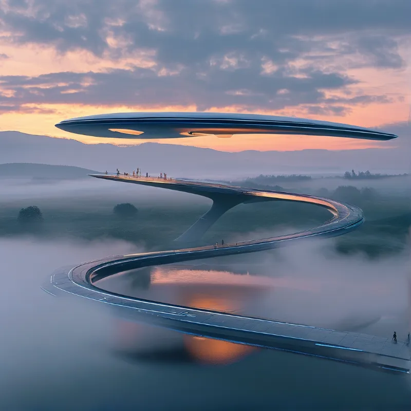 A sleek spiral bridge curves through foggy lowlands beneath a hovering disc-shaped structure during golden hour.