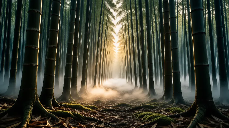 Sunlight spills through a dense stand of tall bamboo, warming the low fog that drifts over mossy roots and fallen leaves