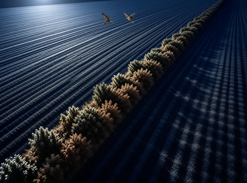 Two birds fly high above a long hedge dividing dark blue crop rows of a field under bright sunlight.